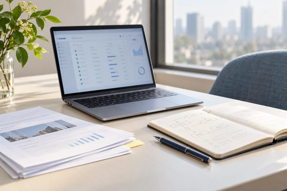 Intelligent operations illustration: a laptop, workflow notes, and business documents.
