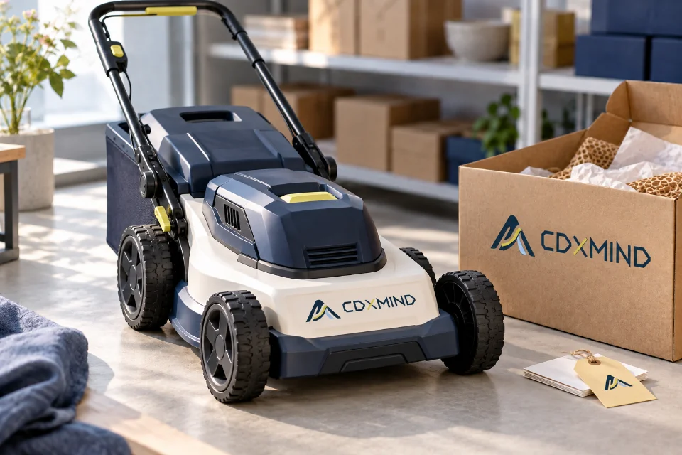 New market entry illustration: a lawn mower with CDXMIND branding, prepared for shipment.