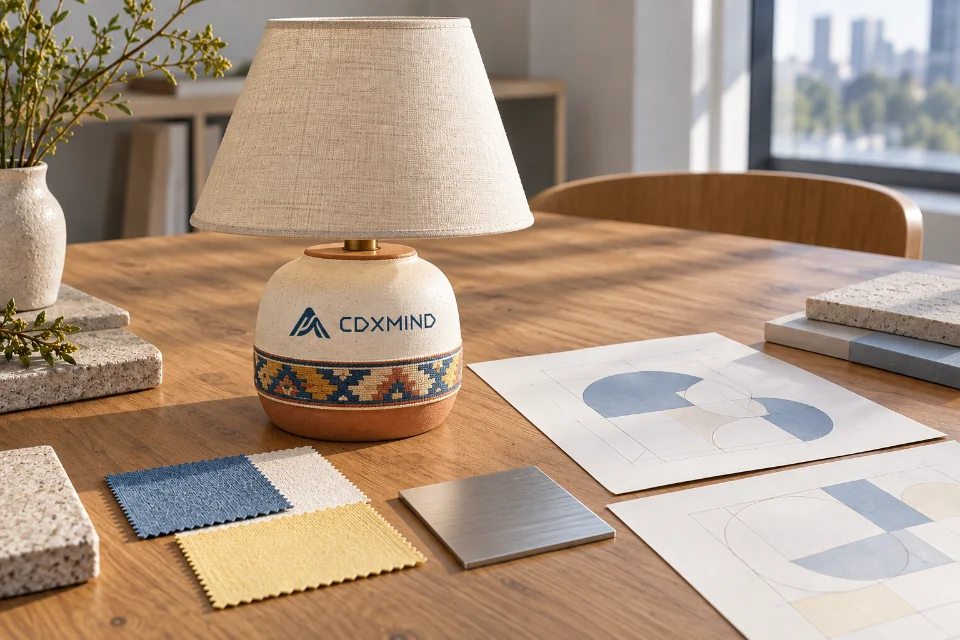 Product and industrial design illustration: a table lamp inspired by South American crafts with CDXMIND branding, material samples, and design studies.